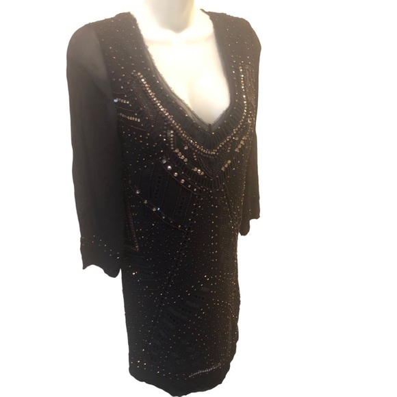 French Connection Beaded Shift Dress Sheer Back Navy Blue Size 8 Party E… - Picture 5 of 11